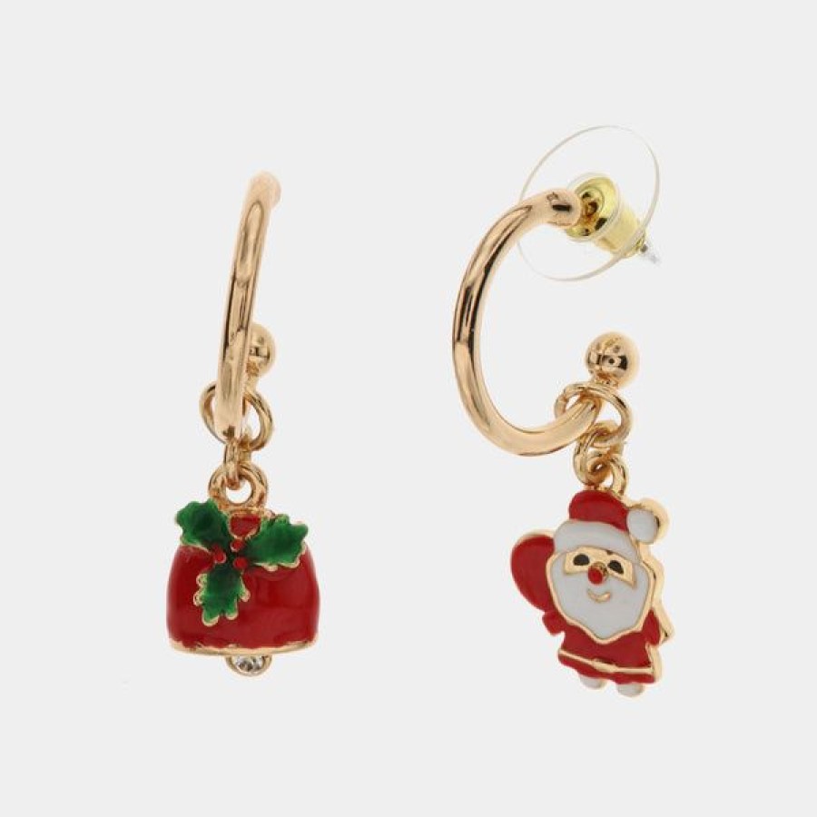 Jewelry BYS  | Metal Earrings With Santa Claus And Bell With Holly