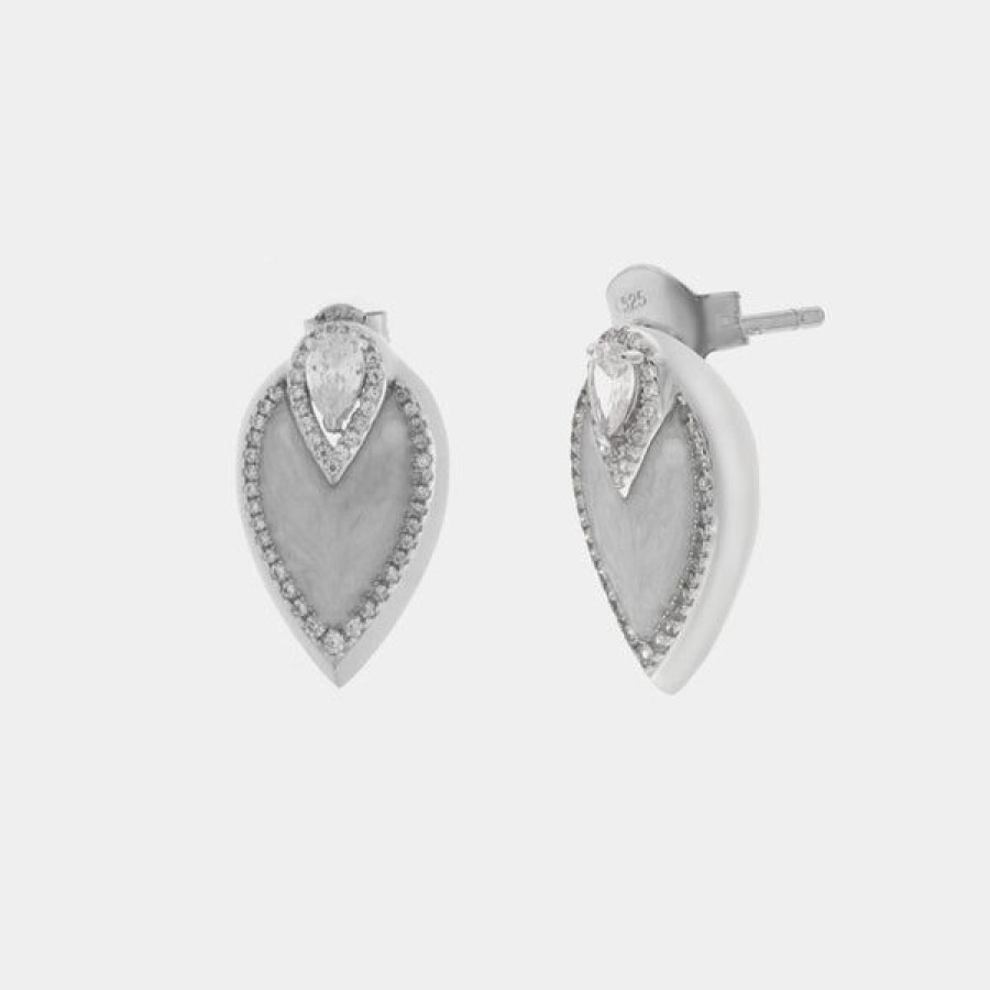 Jewelry SIMEONE  | 925 Silver Leaf Earrings Embellished With Zircons And White Enamel